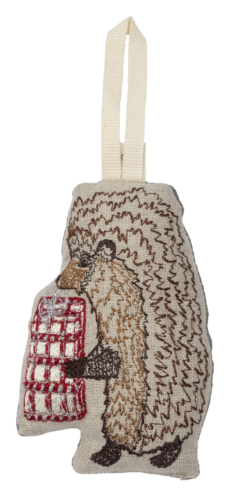 Embroidered Hedgehog with Present Ornament