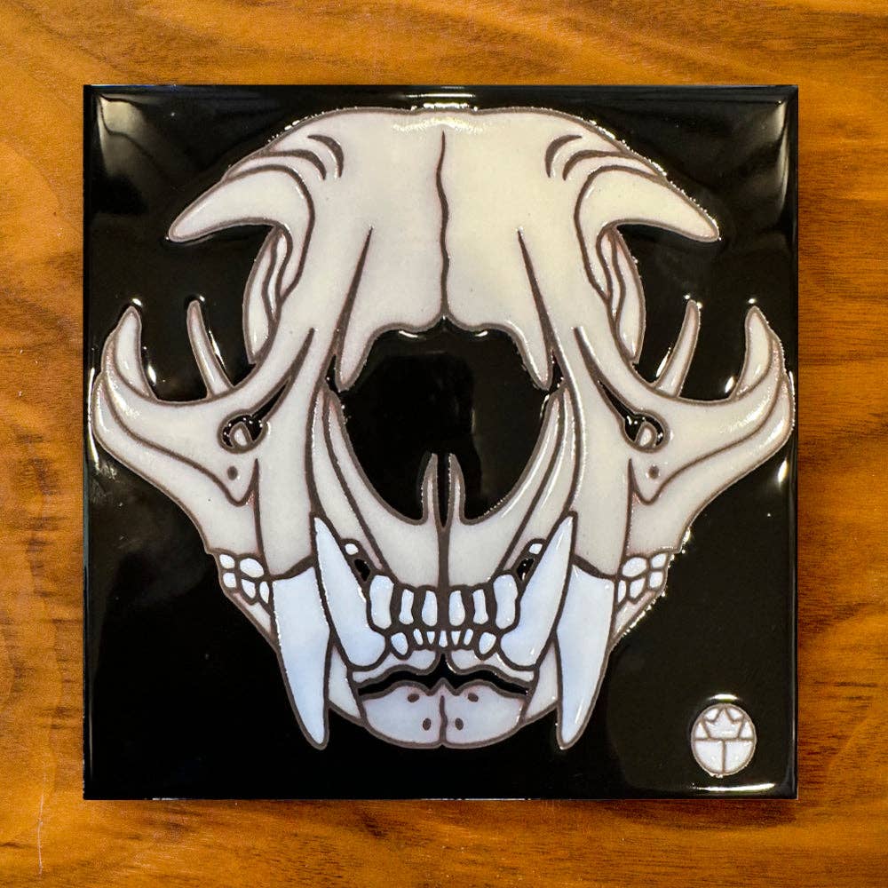 Bobcat Skull Hand Glazed Art Tile