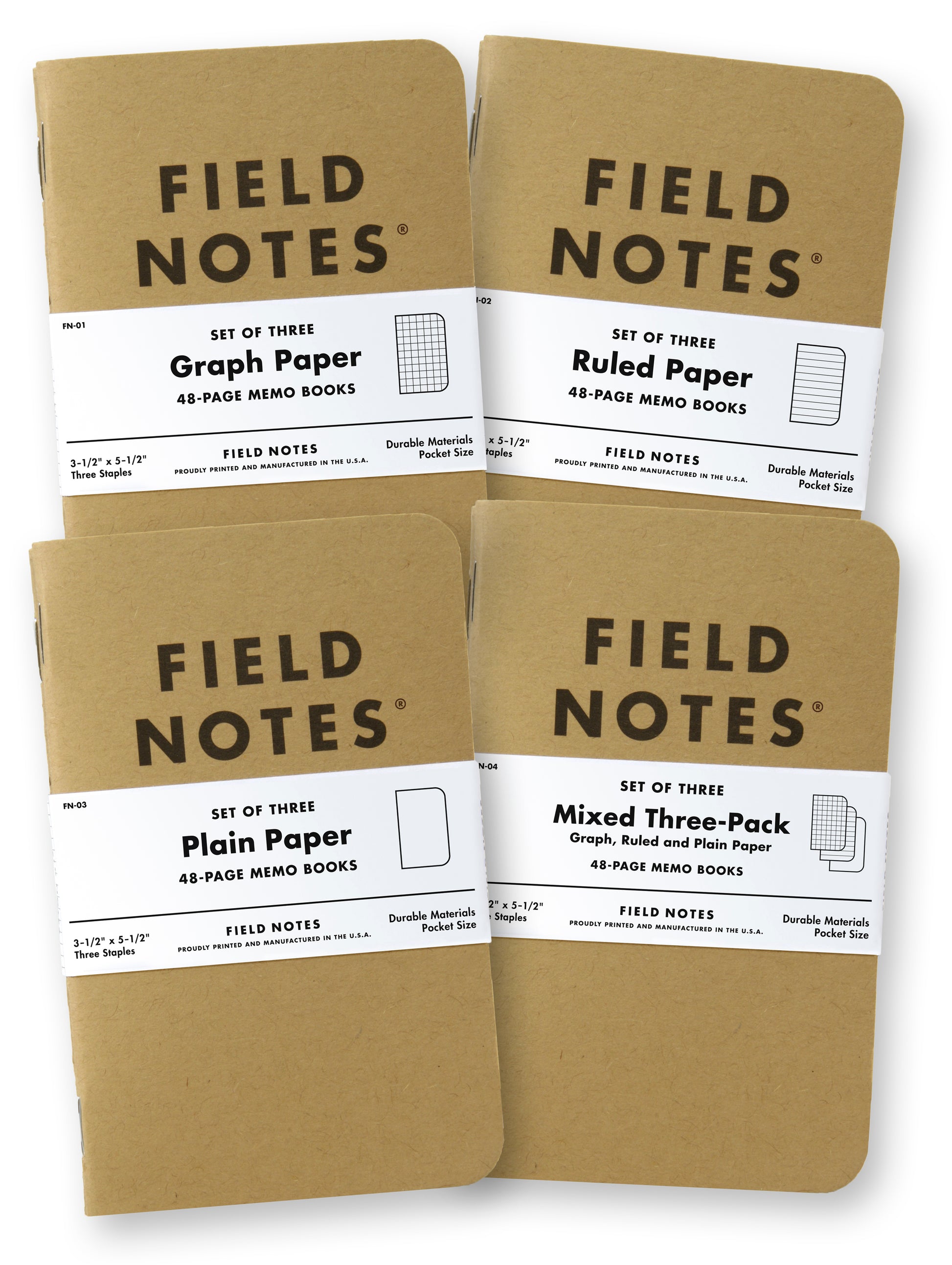 Field Notes: Original Kraft 3-Pack - Mixed Paper (1 Graph, 1 Ruled, 1 Plain  book) - 48 Pages - 3.5 x 5.5 