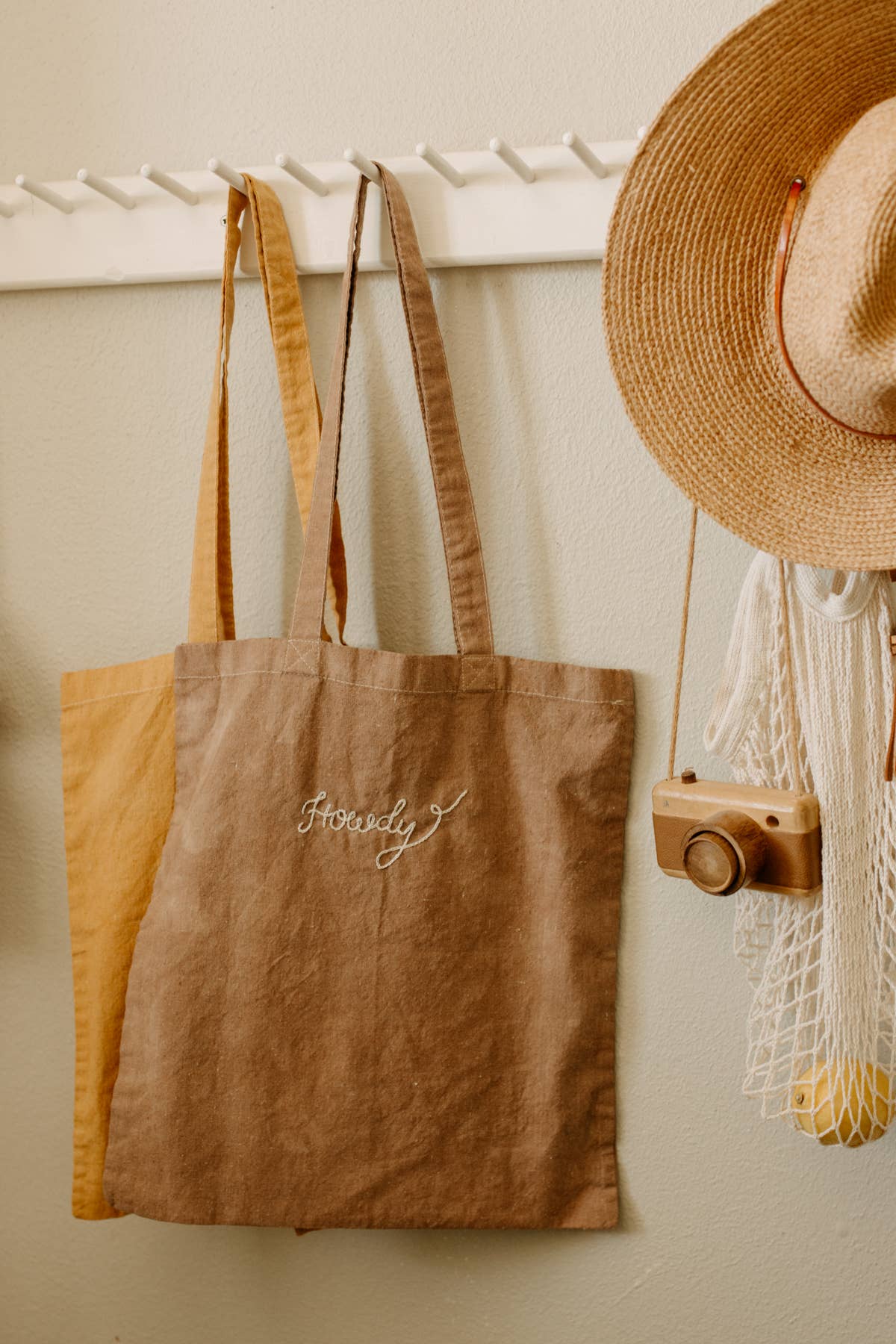 Hand-Embroidered and Dyed Cotton Tote With "Howdy"