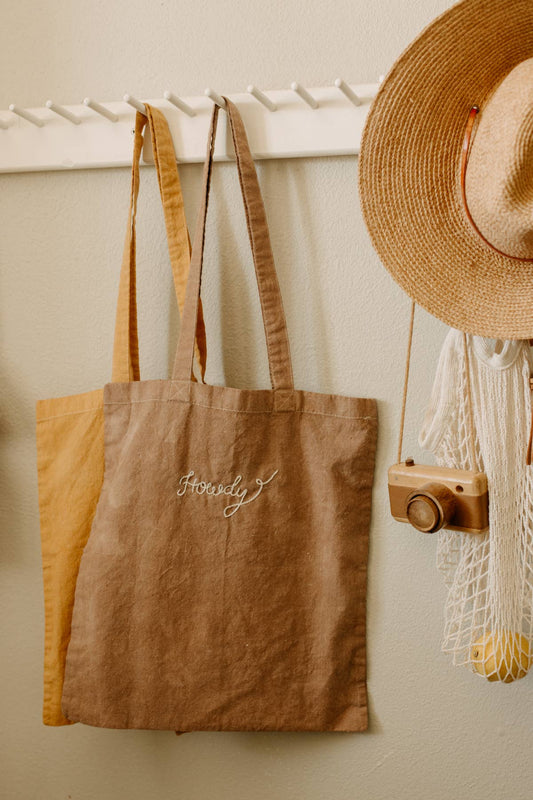 Hand-Embroidered and Dyed Cotton Tote With "Howdy"