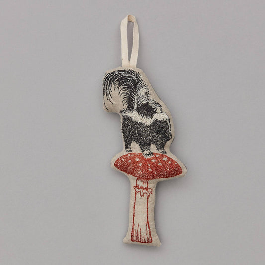Embroidered Skunk with Mushroom Ornament
